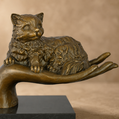 Sculpture en bronze chat couché dans une main sur marbre, vue 6