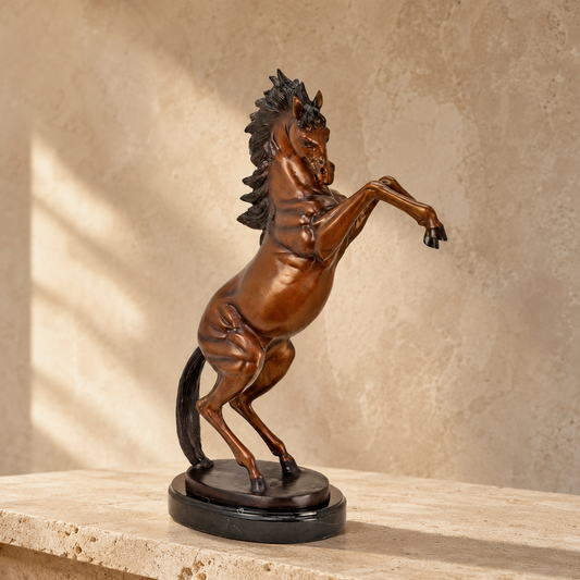 Sculpture en bronze cheval cabré patine cuivrée sur marbre