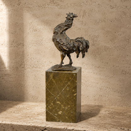 Sculpture en bronze coq gaulois sur socle en marbre brun