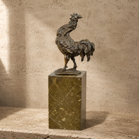 Sculpture en bronze coq gaulois sur socle en marbre brun