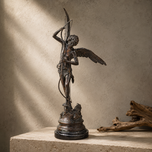 Sculpture en bronze Cupidon archer sur socle en marbre noir