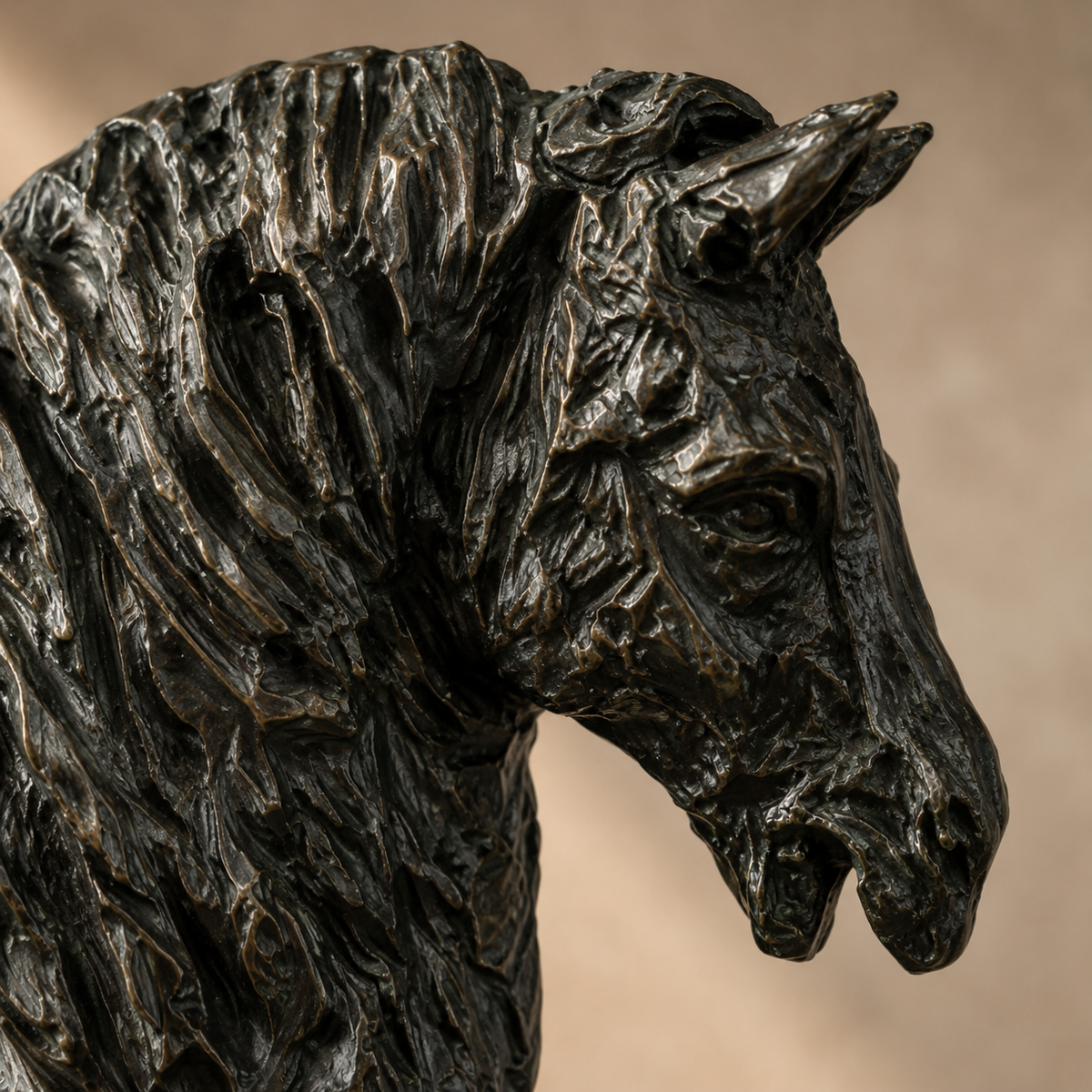 Sculpture en bronze d'un cheval au trot à crinière texturée, vue 2