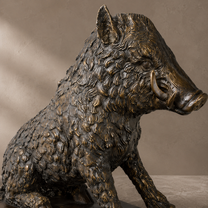 Sculpture en bronze d'un sanglier assis, patine brune, vue 4