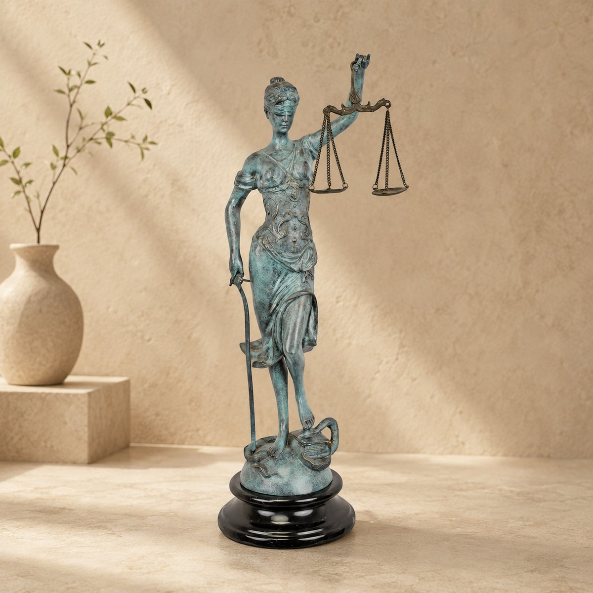 Sculpture en bronze Dame Justice à patine vert-de-gris