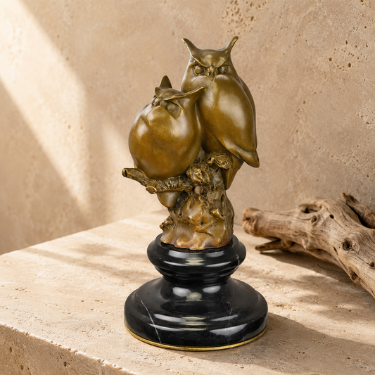 Sculpture en bronze deux hiboux perchés sur branche