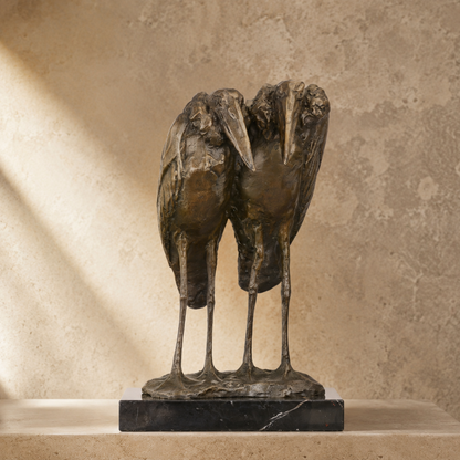 Sculpture en bronze deux marabouts sur socle en marbre