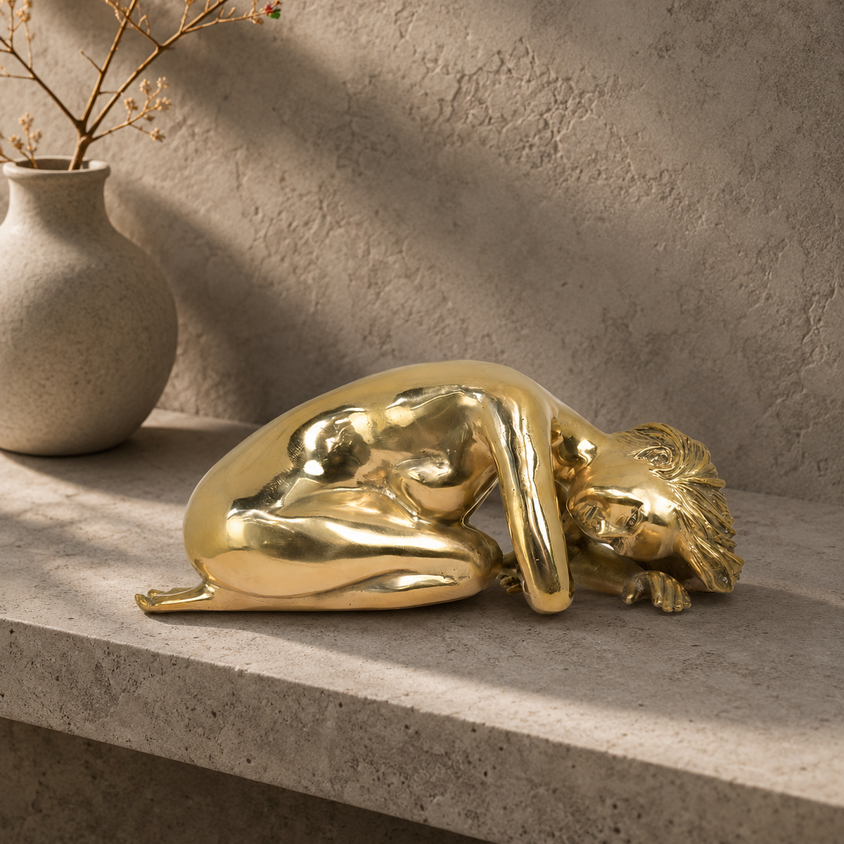 Sculpture en bronze doré, femme nue allongée en repos