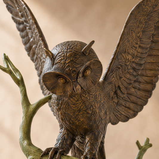 Sculpture en bronze famille de hiboux sur arbre, vue 2