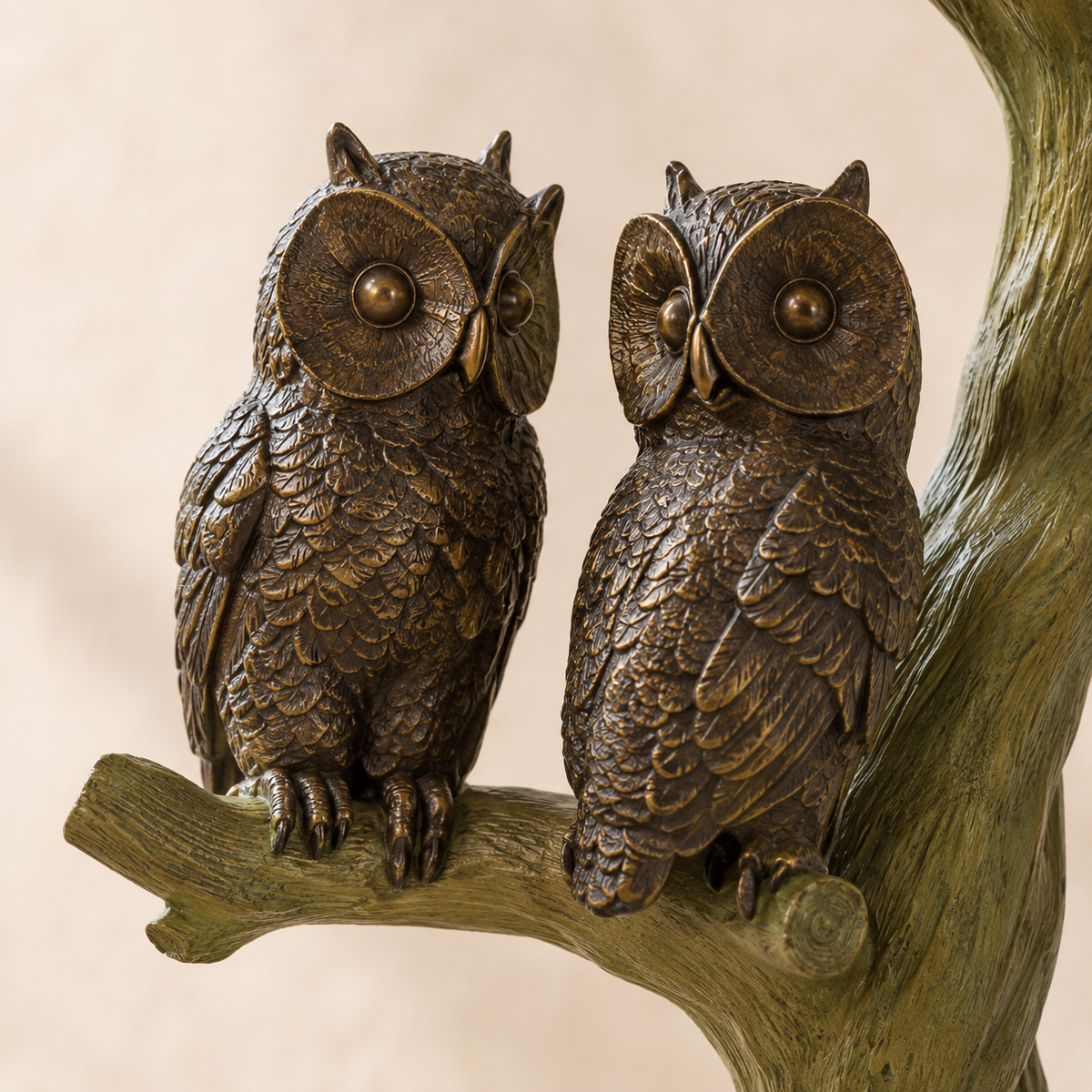 Sculpture en bronze famille de hiboux sur arbre, vue 4