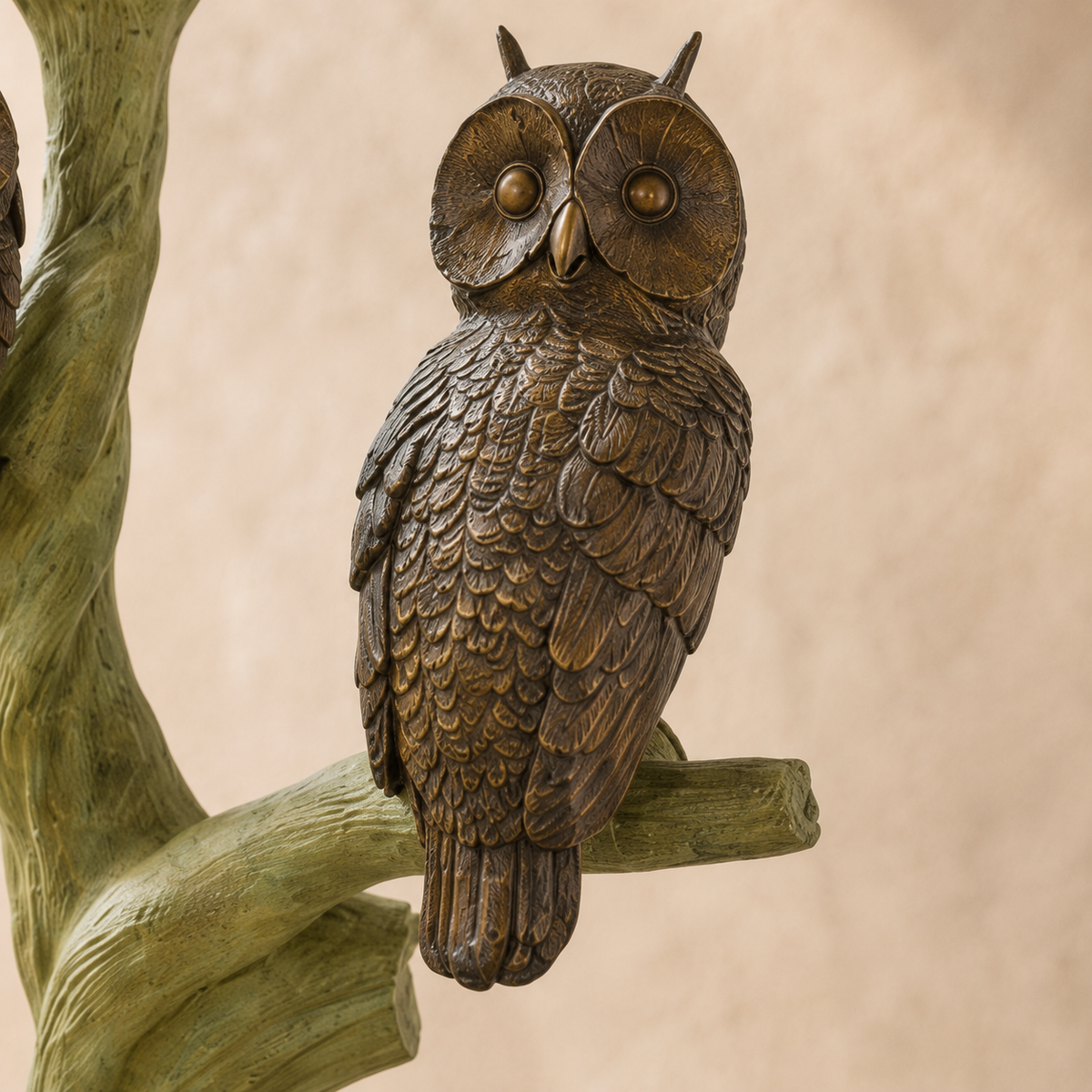 Sculpture en bronze famille de hiboux sur arbre, vue 5