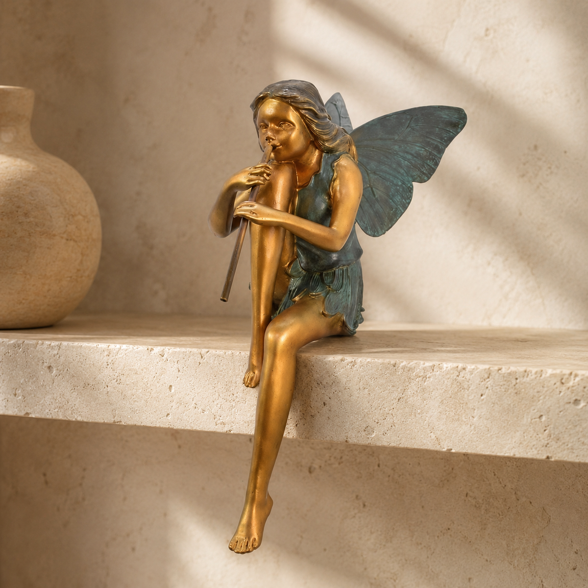 Sculpture en bronze, fée musicienne jouant de la flûte