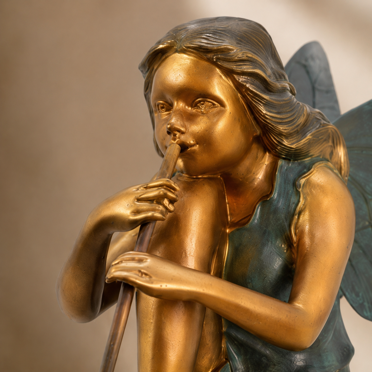 Sculpture en bronze, fée musicienne jouant de la flûte, vue 3