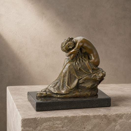 Sculpture en bronze femme nue agenouillée sur socle marbre