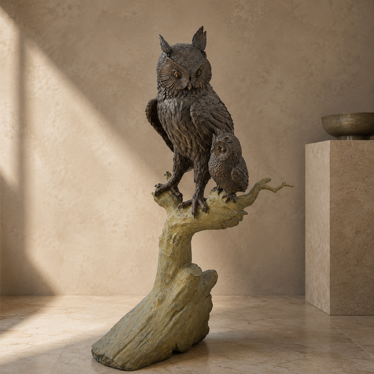 Sculpture en bronze hibou grand-duc et son petit sur branche