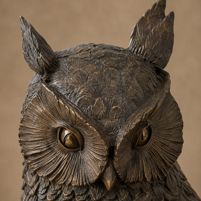 Sculpture en bronze hibou grand-duc et son petit sur branche, vue 2