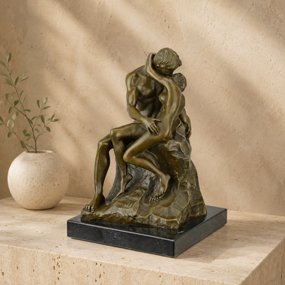 Sculpture en bronze Le Baiser d'après Rodin sur marbre