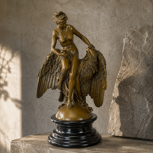 Sculpture en bronze Léda et le Cygne sur socle marbre noir