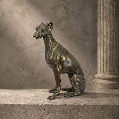 Sculpture en bronze lévrier assis aux yeux de verre