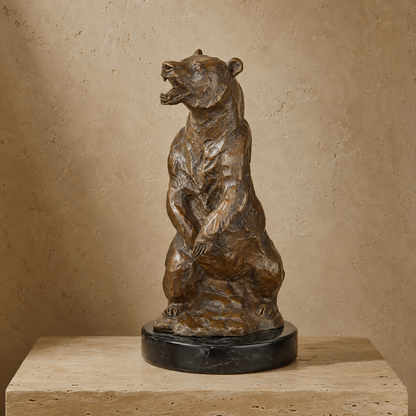 Sculpture en bronze ours brun dressé sur socle marbre