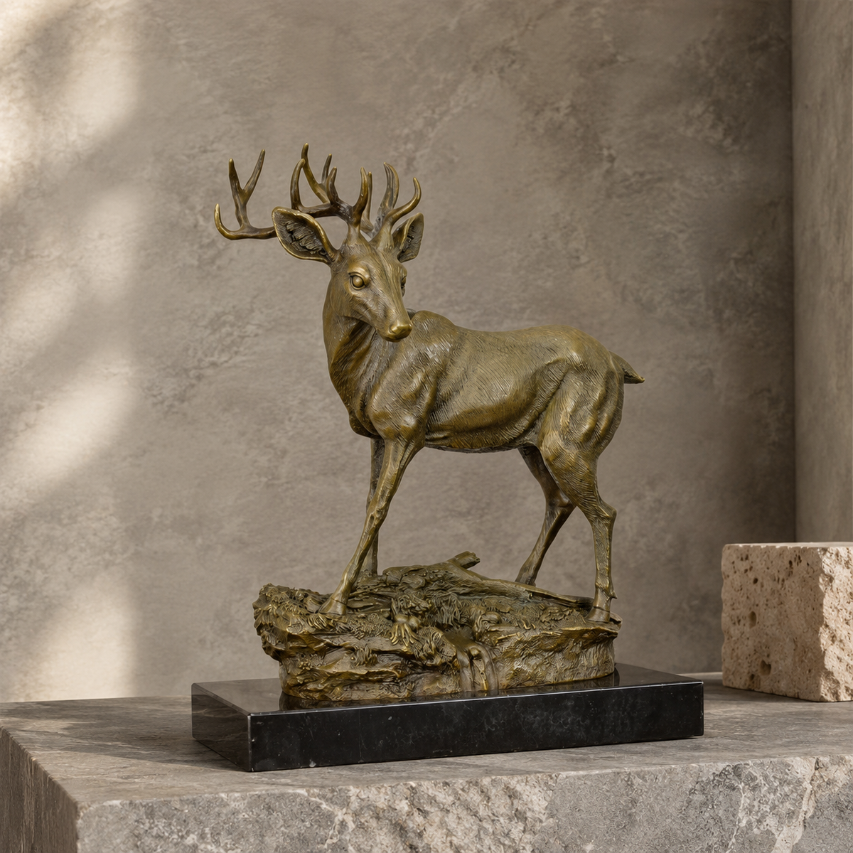 Sculpture en bronze patiné, cerf sur rocher, socle marbre