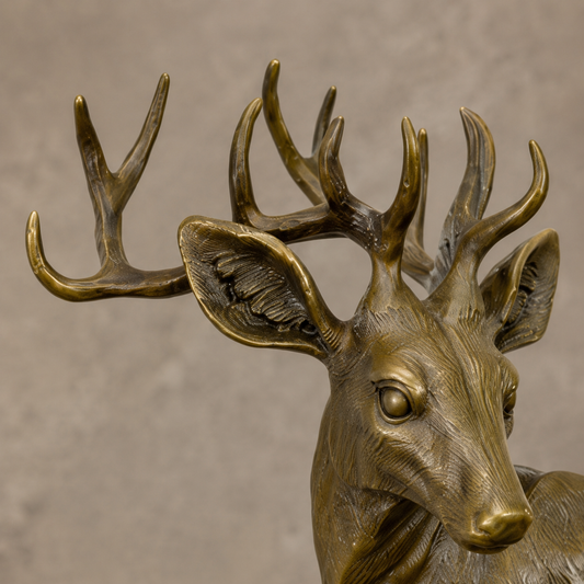 Sculpture en bronze patiné, cerf sur rocher, socle marbre, vue 2