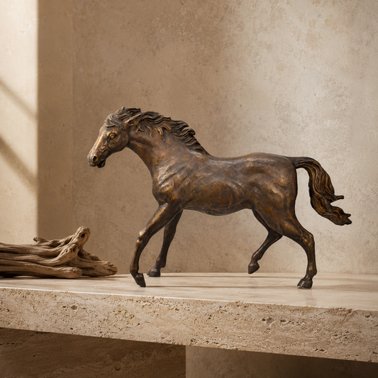 Sculpture en bronze patiné, cheval au trot, crinière au vent