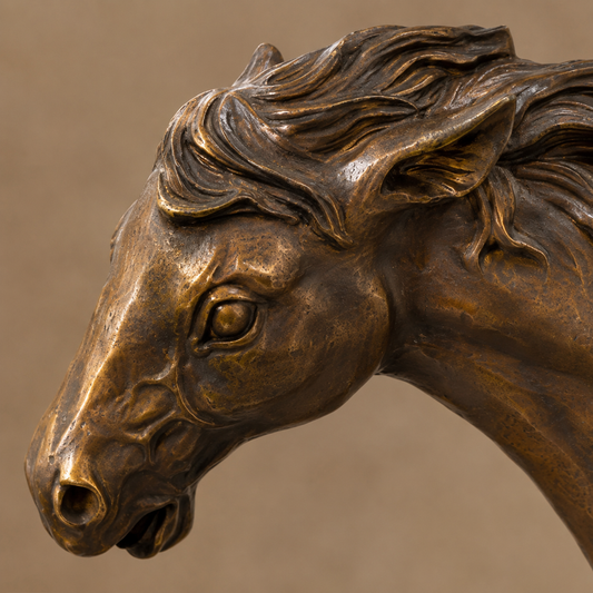Sculpture en bronze patiné, cheval au trot, crinière au vent, vue 2
