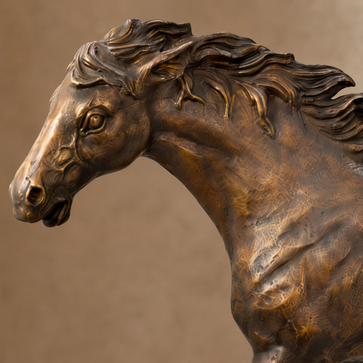 Sculpture en bronze patiné, cheval au trot, crinière au vent, vue 3