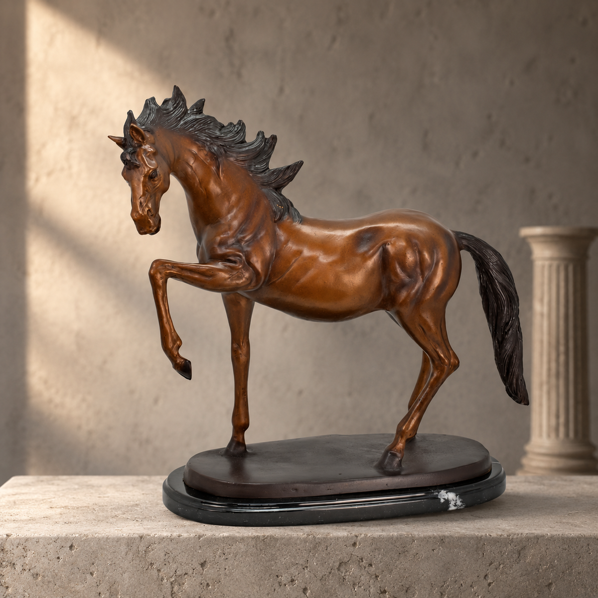 Sculpture en bronze patiné, cheval cabré sur socle marbre