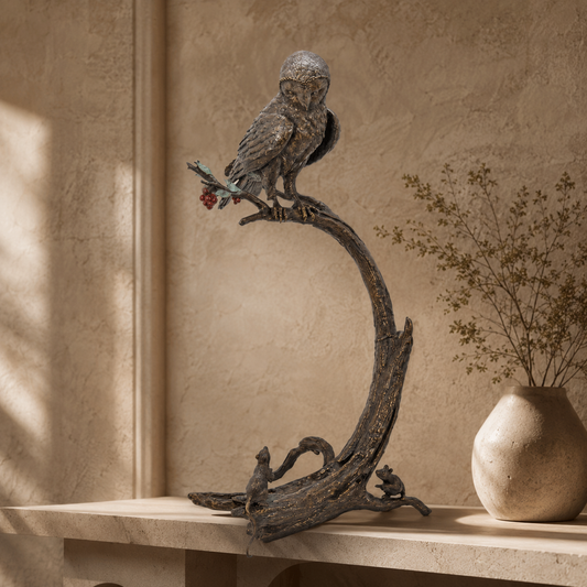 Sculpture en bronze patiné, chouette sur branche et souris