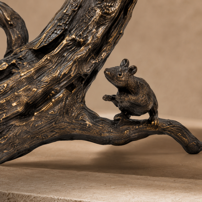 Sculpture en bronze patiné, chouette sur branche et souris, vue 7