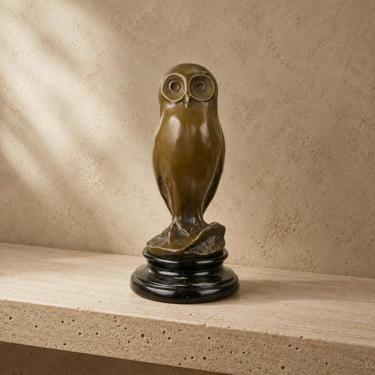 Sculpture en bronze patiné, chouette sur socle marbre noir
