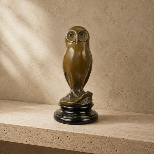 Sculpture en bronze patiné, chouette sur socle marbre noir