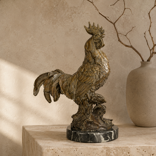 Sculpture en bronze patiné coq chantant sur socle marbre