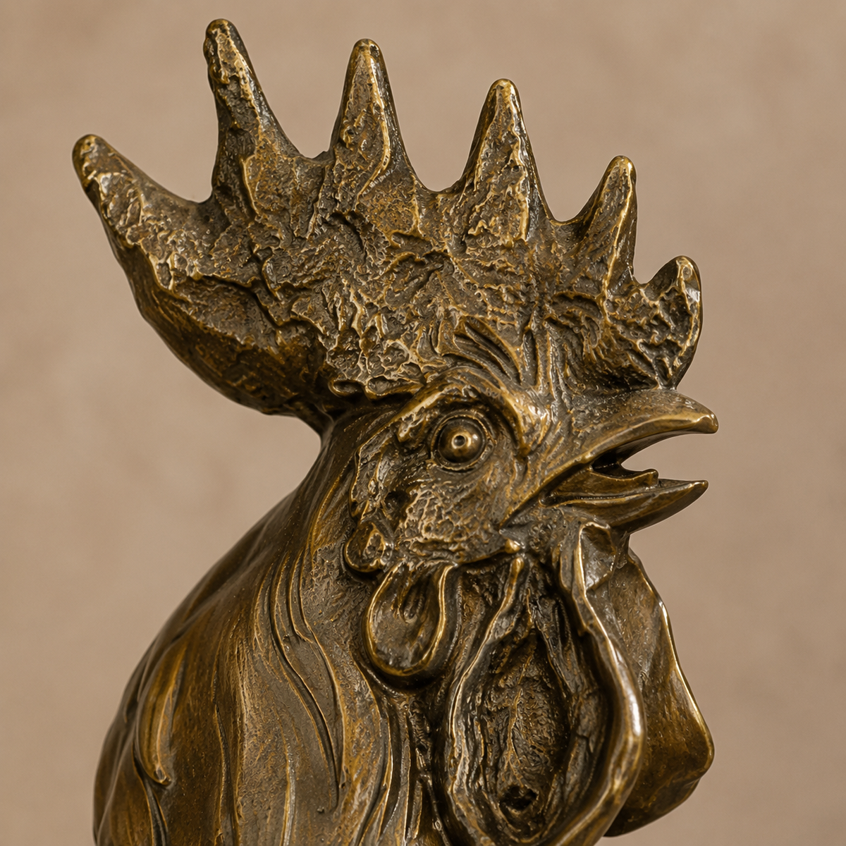 Sculpture en bronze patiné coq chantant sur socle marbre, vue 2