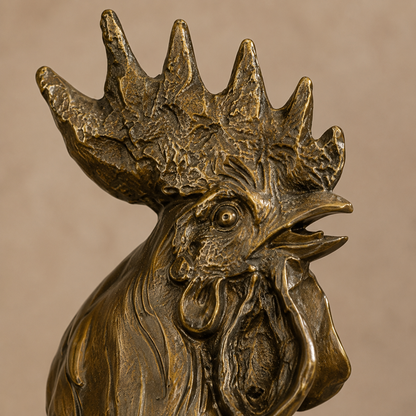 Sculpture en bronze patiné coq chantant sur socle marbre, vue 2