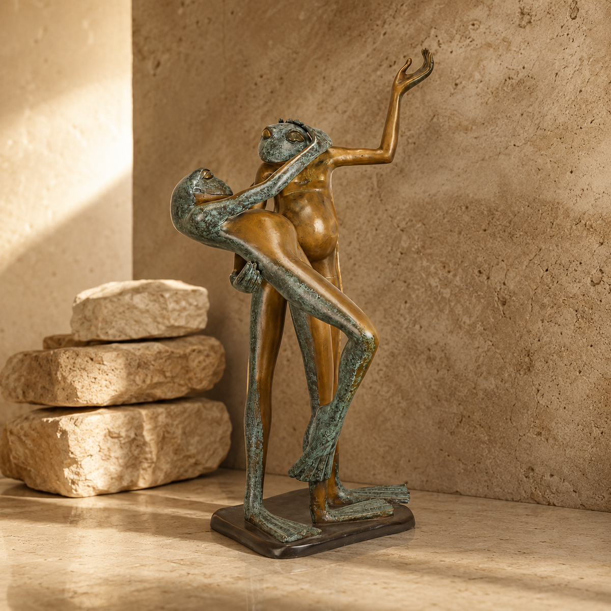 Sculpture en bronze patiné, couple de grenouilles dansant