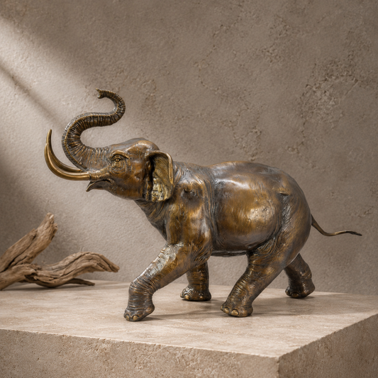 Sculpture en bronze patiné, éléphant trompe levée