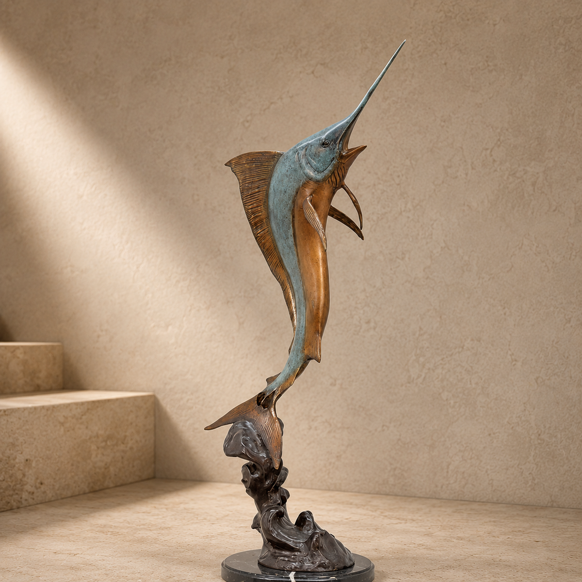 Sculpture en bronze patiné, espadon jaillissant des flots