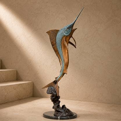Sculpture en bronze patiné, espadon jaillissant des flots, vue 7