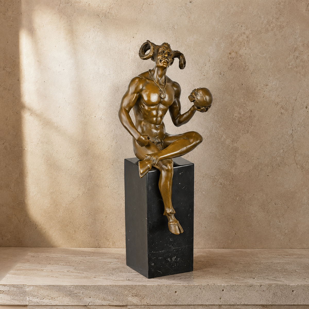 Sculpture en bronze patiné, faune assis tenant un crâne