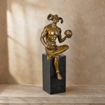 Sculpture en bronze patiné, faune assis tenant un crâne