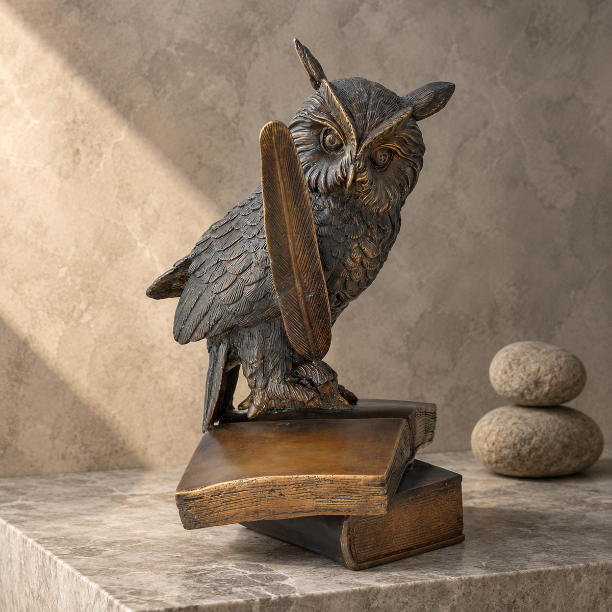 Sculpture en bronze patiné, hibou à la plume sur livres