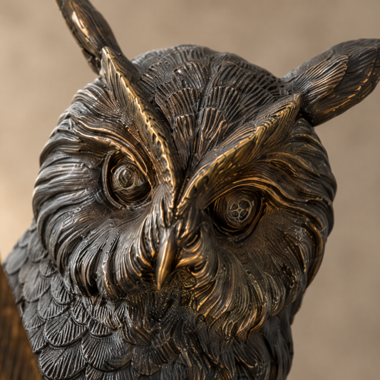 Sculpture en bronze patiné, hibou à la plume sur livres, vue 2