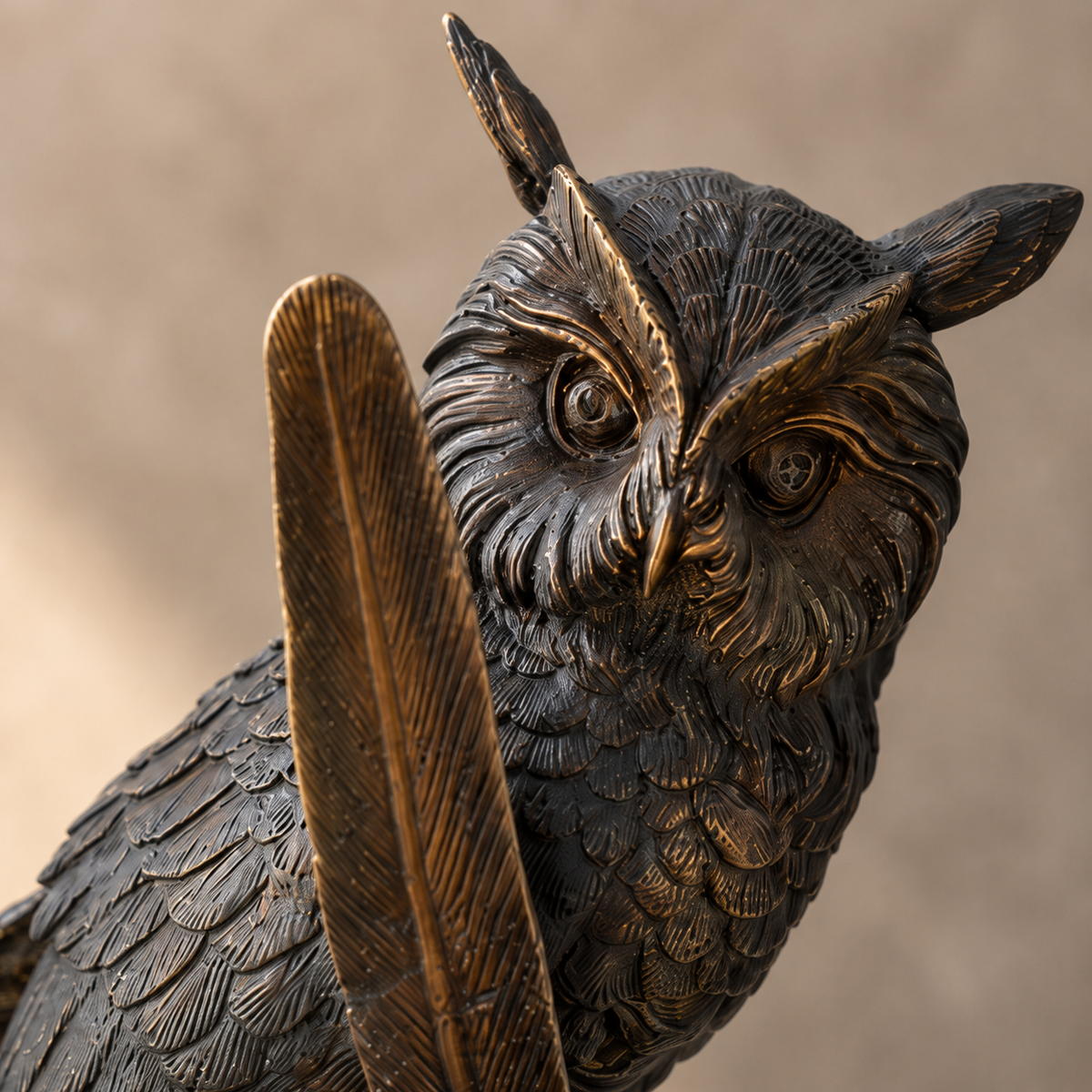 Sculpture en bronze patiné, hibou à la plume sur livres, vue 3