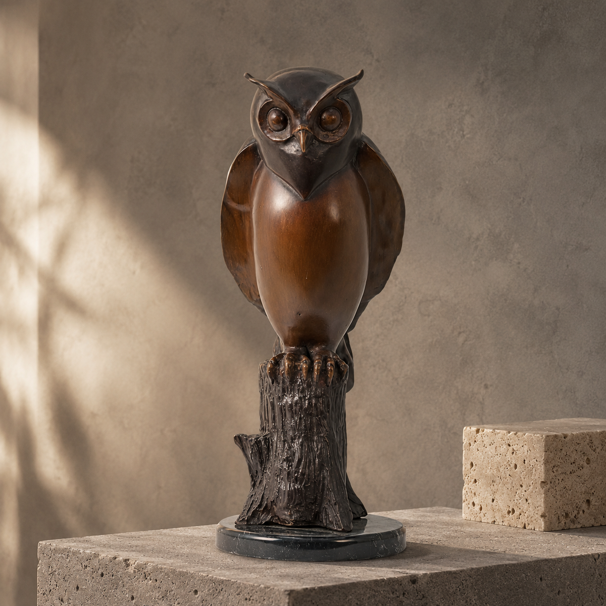 Sculpture en bronze patiné, hibou grand-duc sur souche