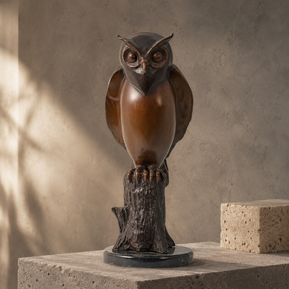Sculpture en bronze patiné, hibou grand-duc sur souche