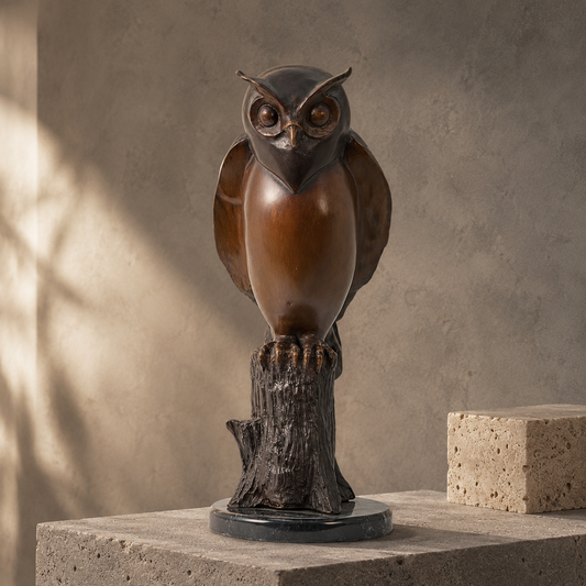 Sculpture en bronze patiné, hibou grand-duc sur souche