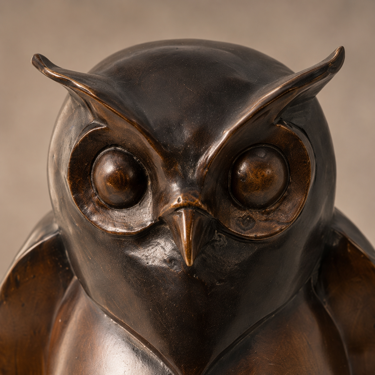Sculpture en bronze patiné, hibou grand-duc sur souche, vue 2