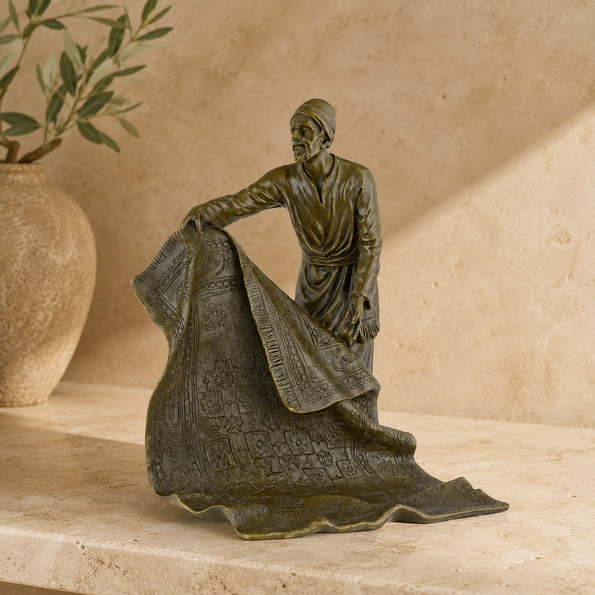Sculpture en bronze patiné, marchand de tapis oriental